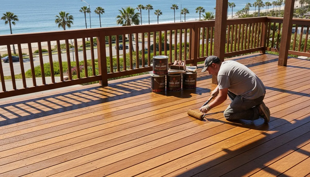 Professional deck staining with UV protection on coastal wood deck in Long Beach, CA