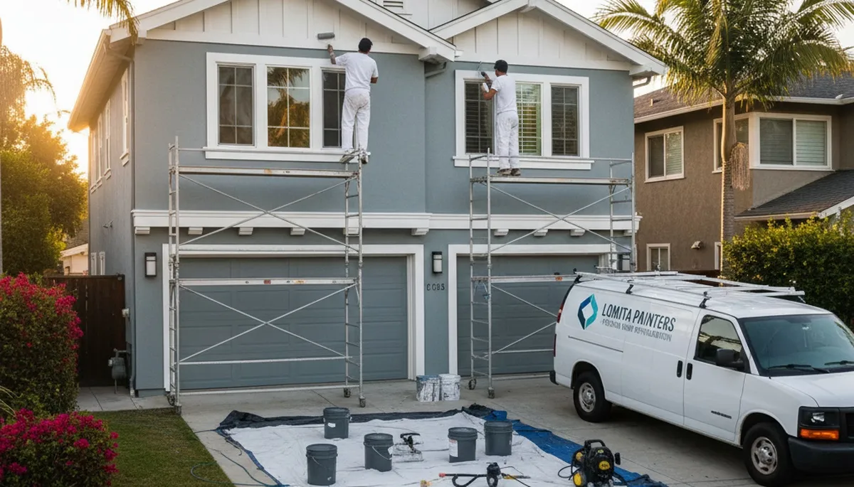 Professional house painters working on exterior home in Long Beach CA