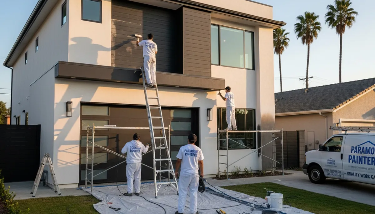 Professional house painters in Long Beach CA applying fresh exterior paint to a coastal home