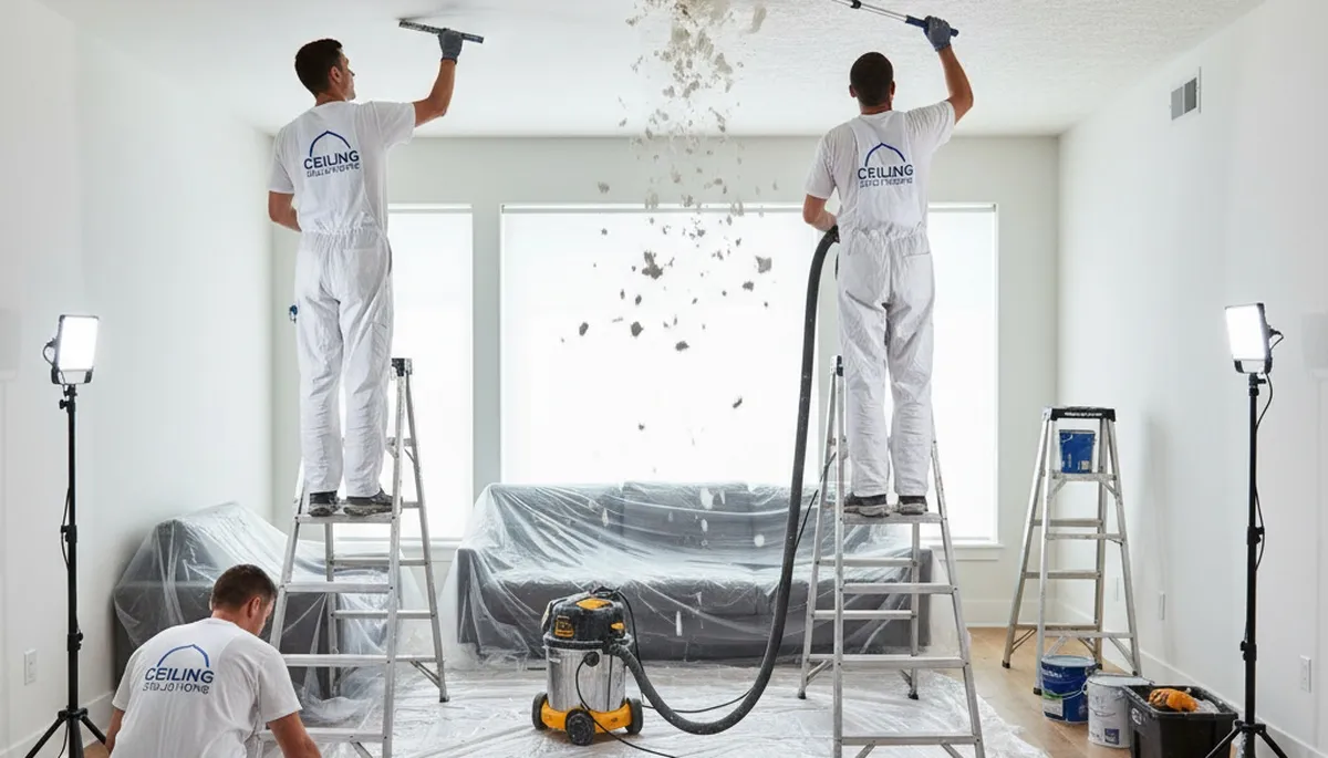 Technician removing popcorn ceiling in Long Beach CA home for smooth modern finish